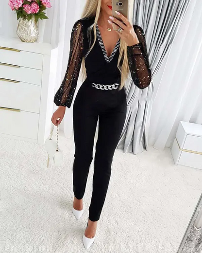 Chain Decor Contrast Mesh Long Sleeve Jumpsuit