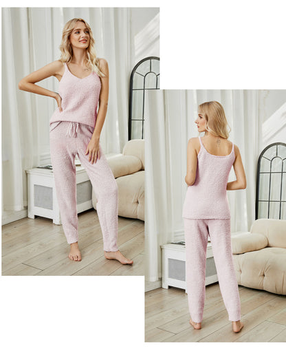 Comfortable warm solid color half fleece set home clothes pajamas set