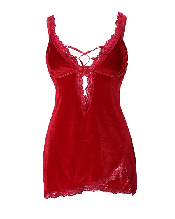 Contrast Lace Backless Velvet Nightdress