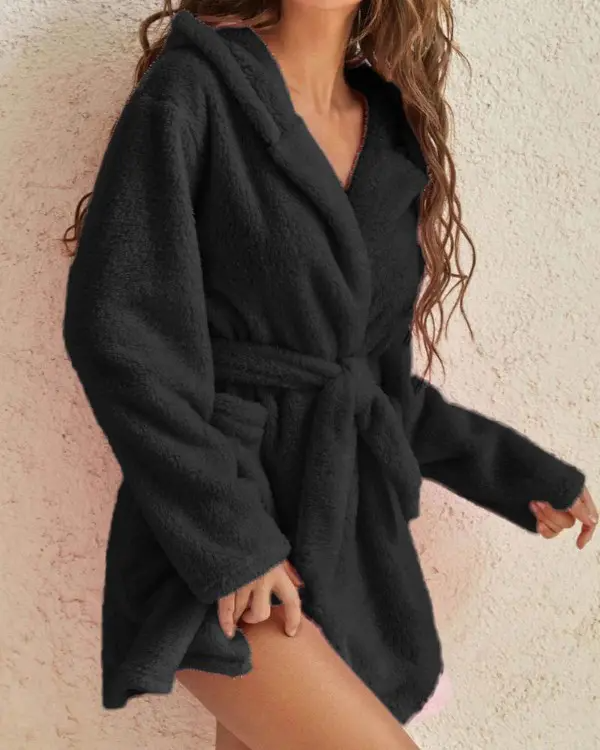 Pocket Design Hooded Belted Fluffy Robe