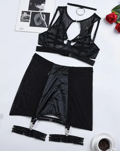 Cutout Sheer Mesh Garter Lingerie Set With Choker