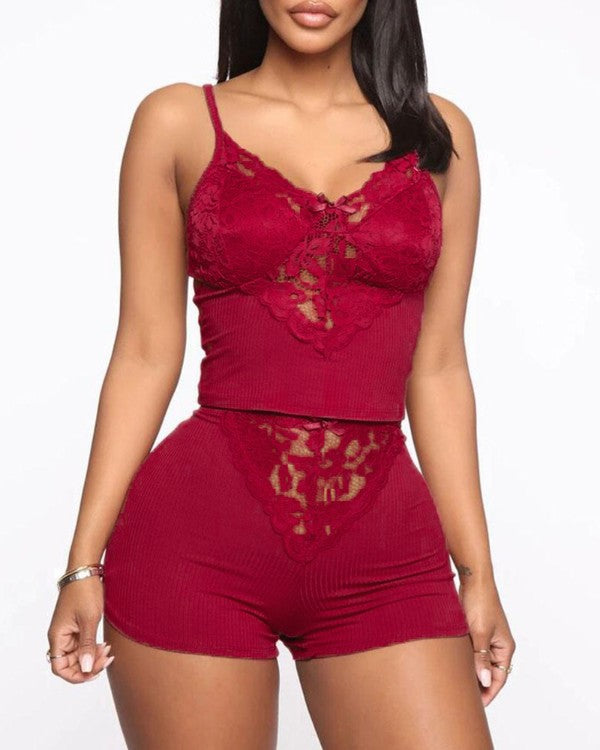 Eyelash Lace Bowknot Decor Cami Set