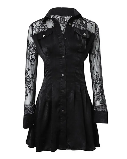 Contrast Lace Long Sleeve Button Down Shirt Dress