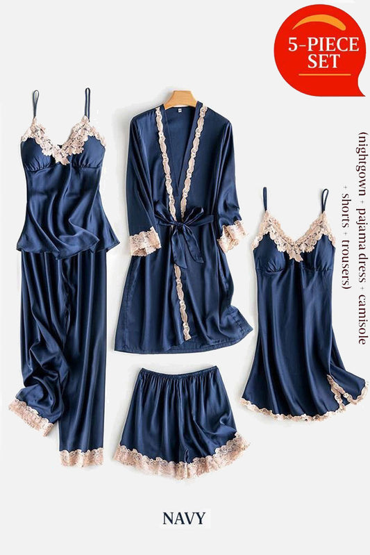 Navy Soft Comfortable Ice Silk Lace Pajamas 5pcs Set