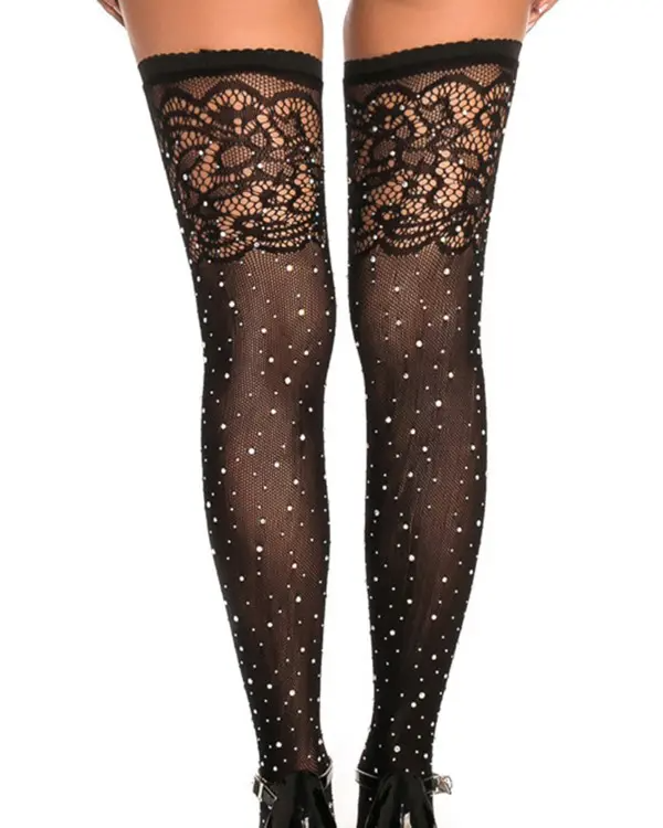 1Pair Crochet Lace Rhinestone Decor Stockings