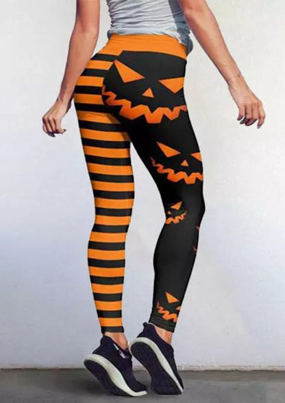 Halloween Pumpkin Face Striped Elastic Waist Leggings