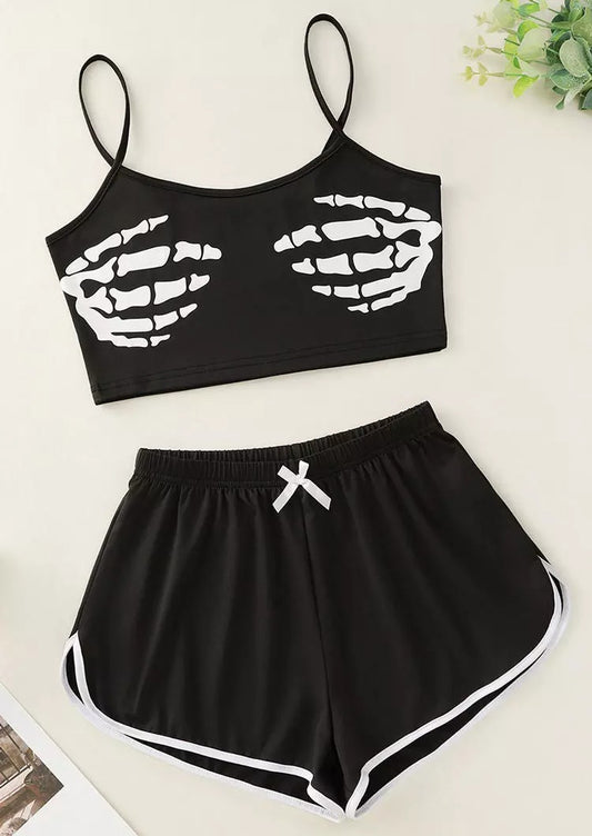 Skeleton Hand Camisole And Shorts Pajamas Set - Black