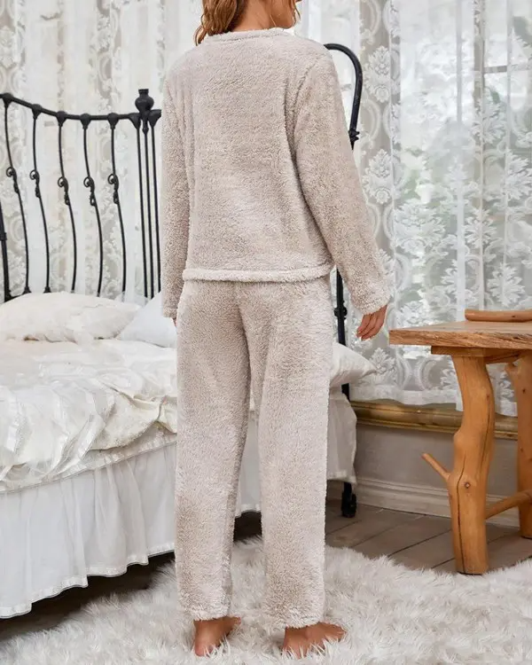 Letter Cartoon Embroidery Fluffy Pajamas Set