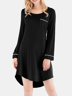 Plus Size Women Cotton Plain Long Sleeve High Low Hem Nightdress Pajamas With Pocket