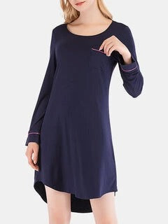 Plus Size Women Cotton Plain Long Sleeve High Low Hem Nightdress Pajamas With Pocket