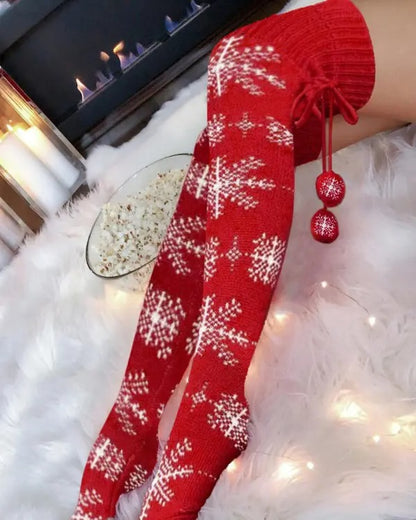 Christmas Snowflake Pom Pom Knee Length Socks