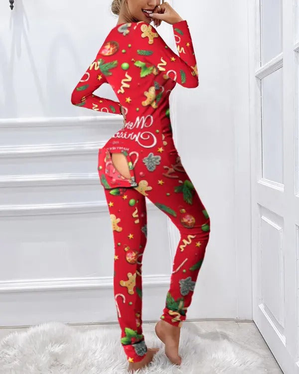 Christmas Functional Buttoned Flap Adults Pajamas