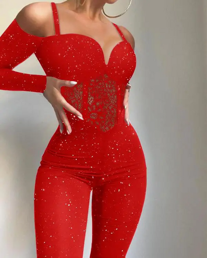 Glitter Cold Shoulder Contrast Lace Corset Jumpsuit