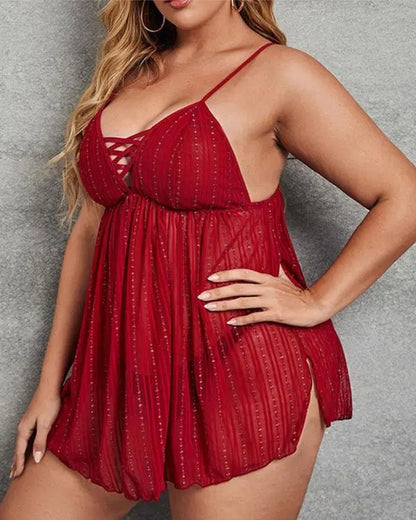 Plus Size Split Hem Sheer Mesh Babydoll With Thong