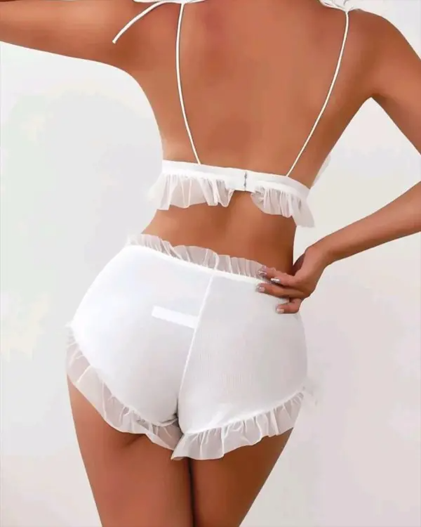 Contrast Mesh Frill Hem Tied Detail Lingerie Set