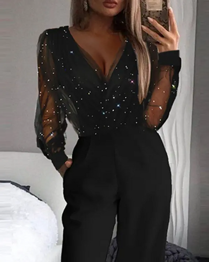 Glitter Contrast Mesh Straight Leg Jumpsuit