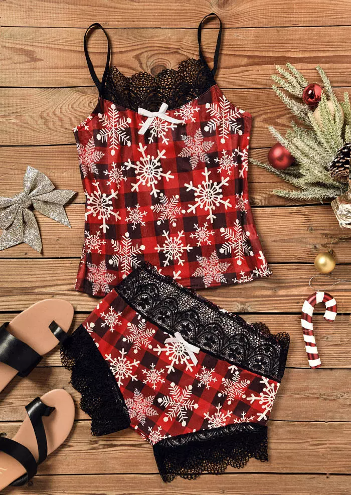 Christmas Snowflake Plaid Lace Camisole And Shorts Pajamas Set