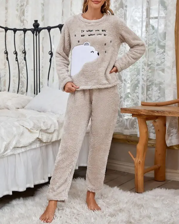 Letter Cartoon Embroidery Fluffy Pajamas Set