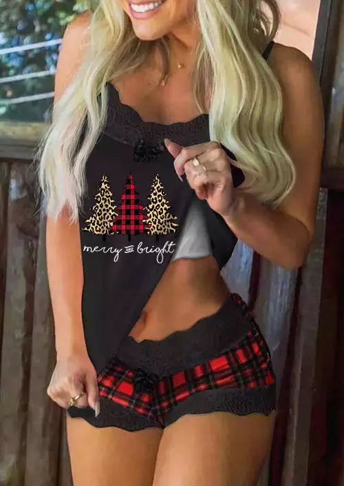 Christmas Merry And Bright Plaid Lace Camisole And Shorts Pajamas Set