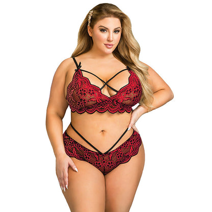 Plus Size Criss Cross Floral Embroidery Lace Lingerie Set