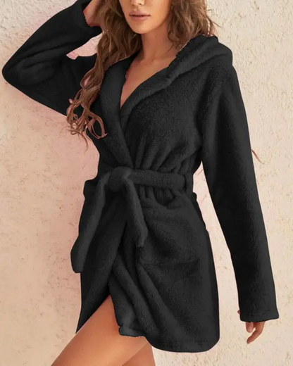 Pocket Design Hooded Belted Fluffy Robe