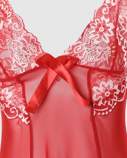 Bow Decor Embroidery Lace Sheer Mesh Babydoll