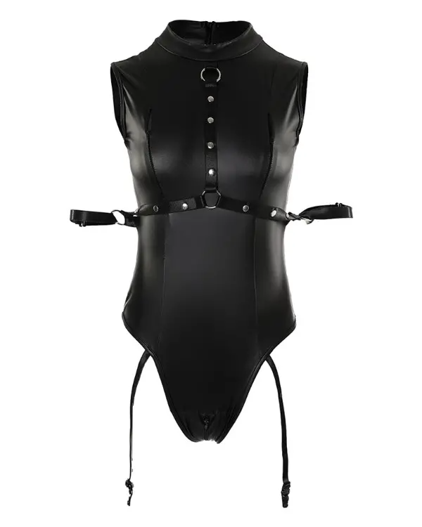 O Neck Cutout Bondage Crotchless PU Leather Teddy