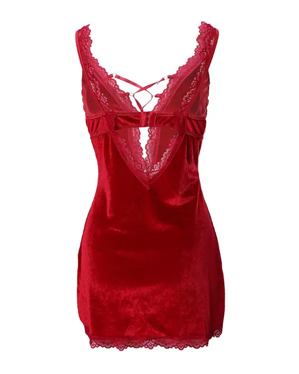 Contrast Lace Backless Velvet Nightdress