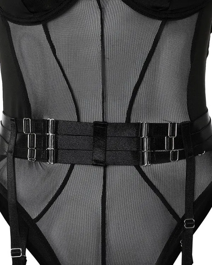 Halter Backless Sheer Mesh Garter Teddy With Leg Rings