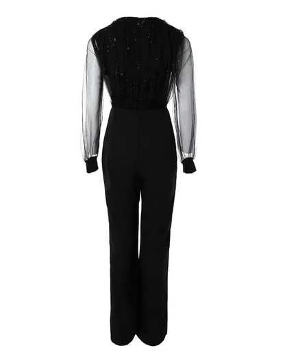 Glitter Contrast Mesh Straight Leg Jumpsuit