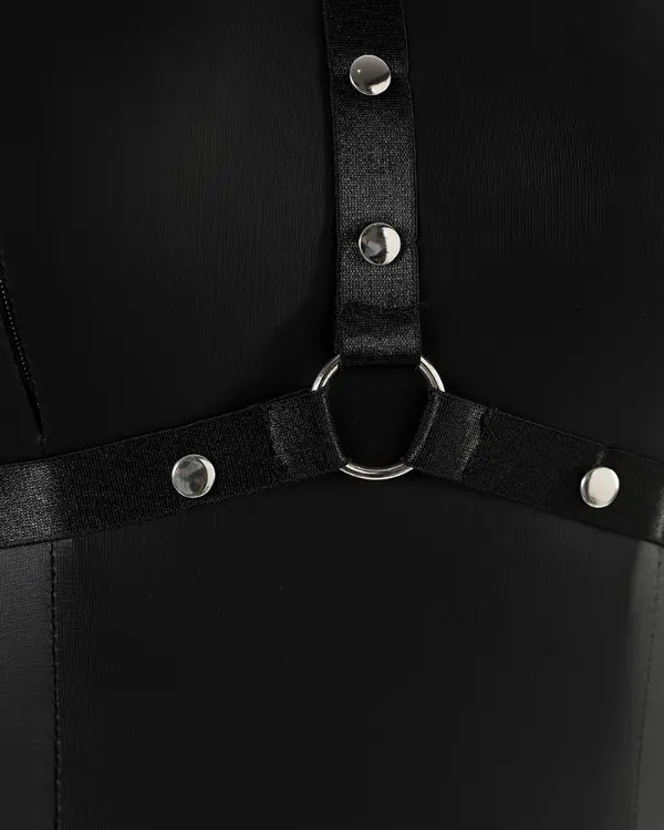 O Neck Cutout Bondage Crotchless PU Leather Teddy