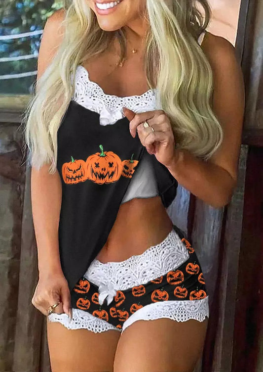 Halloween Pumpkin Face Splicing Lace Camisole And Shorts Pajamas Set