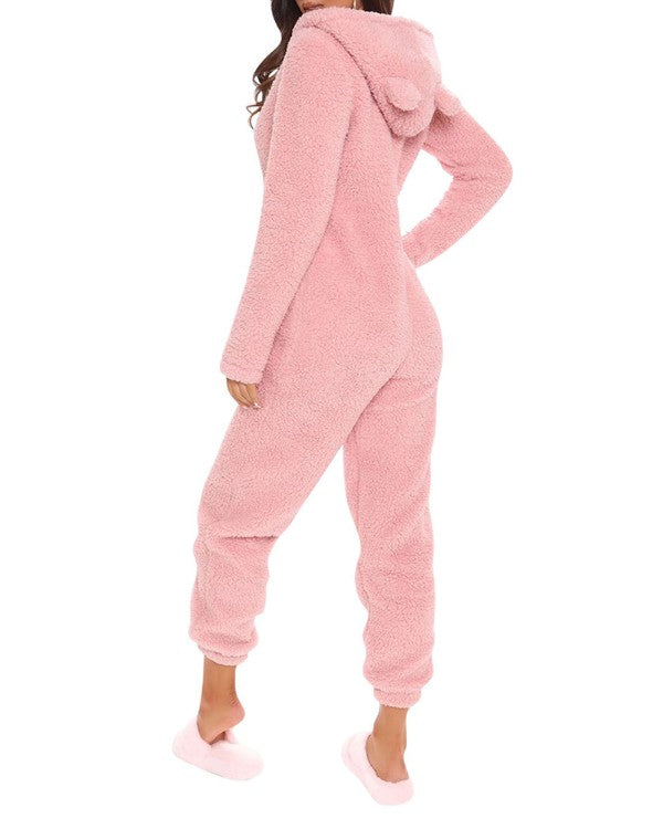 3D Ear Zipper Front Hooded Fluffy Lounge Jumpsuit