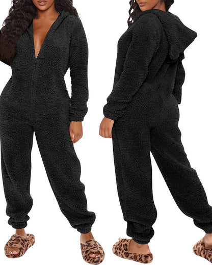 3D Ear Zipper Front Hooded Fluffy Lounge Jumpsuit