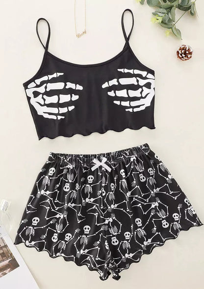 Skeleton Hand Camisole And Shorts Pajamas Set - Black