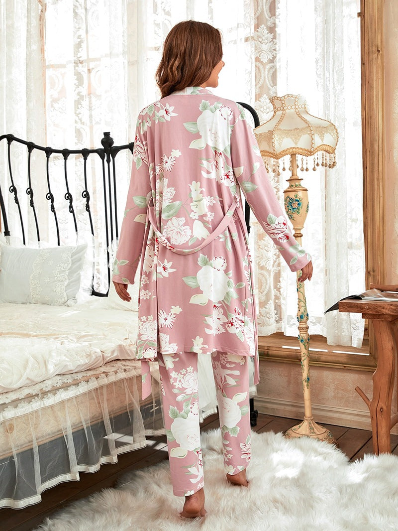 Floral Print Camisole Top Trousers Nightgown Three-piece Pajamas Set