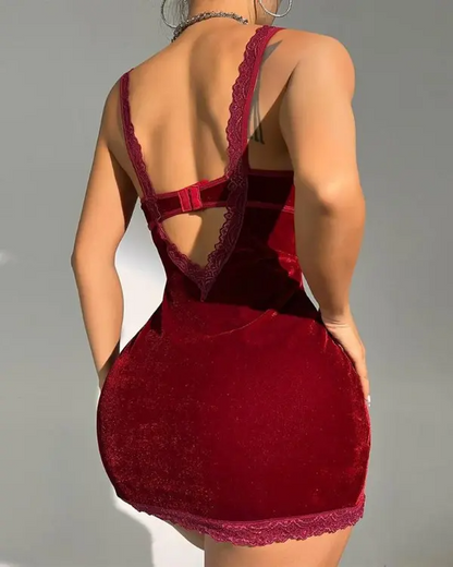 Contrast Lace Backless Velvet Nightdress