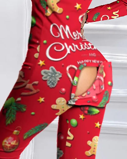 Christmas Functional Buttoned Flap Adults Pajamas