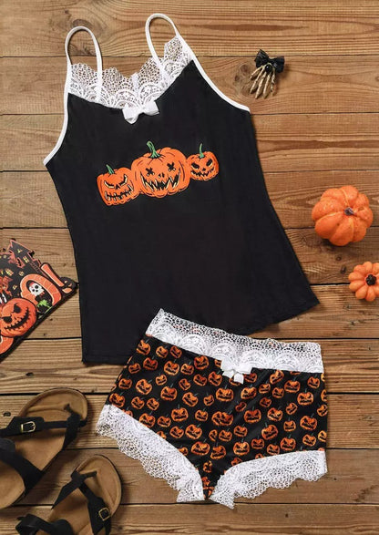 Halloween Pumpkin Face Splicing Lace Camisole And Shorts Pajamas Set