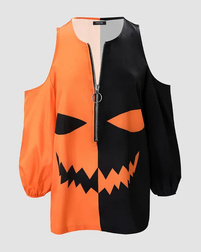 Halloween Graphic Print Colorblock Cold Shoulder Top