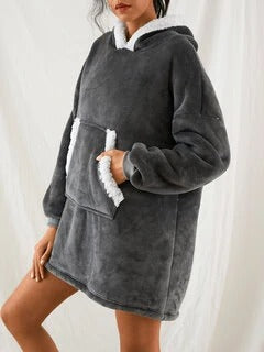 Women Flannel Wearable Blanket Hoodies Thicken Warm Patched Home Oversized Sweatshirt With Handy Pocket