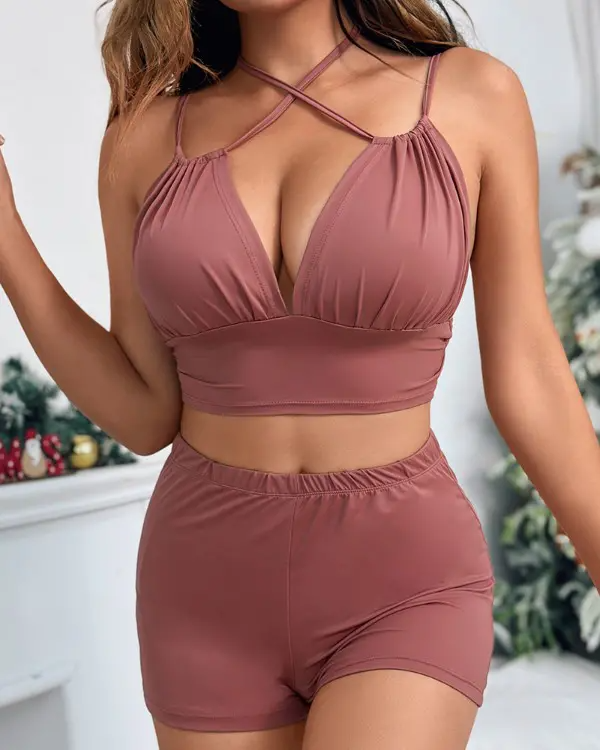 Spaghetti Strap Ruched Crop Top & Shorts Set