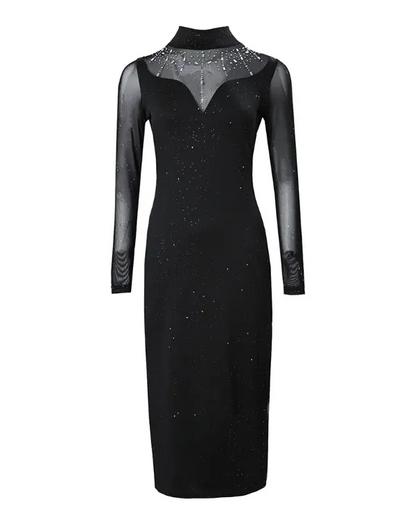 Rhinestone Contrast Mesh Long Sleeve Glitter Bodycon Dress