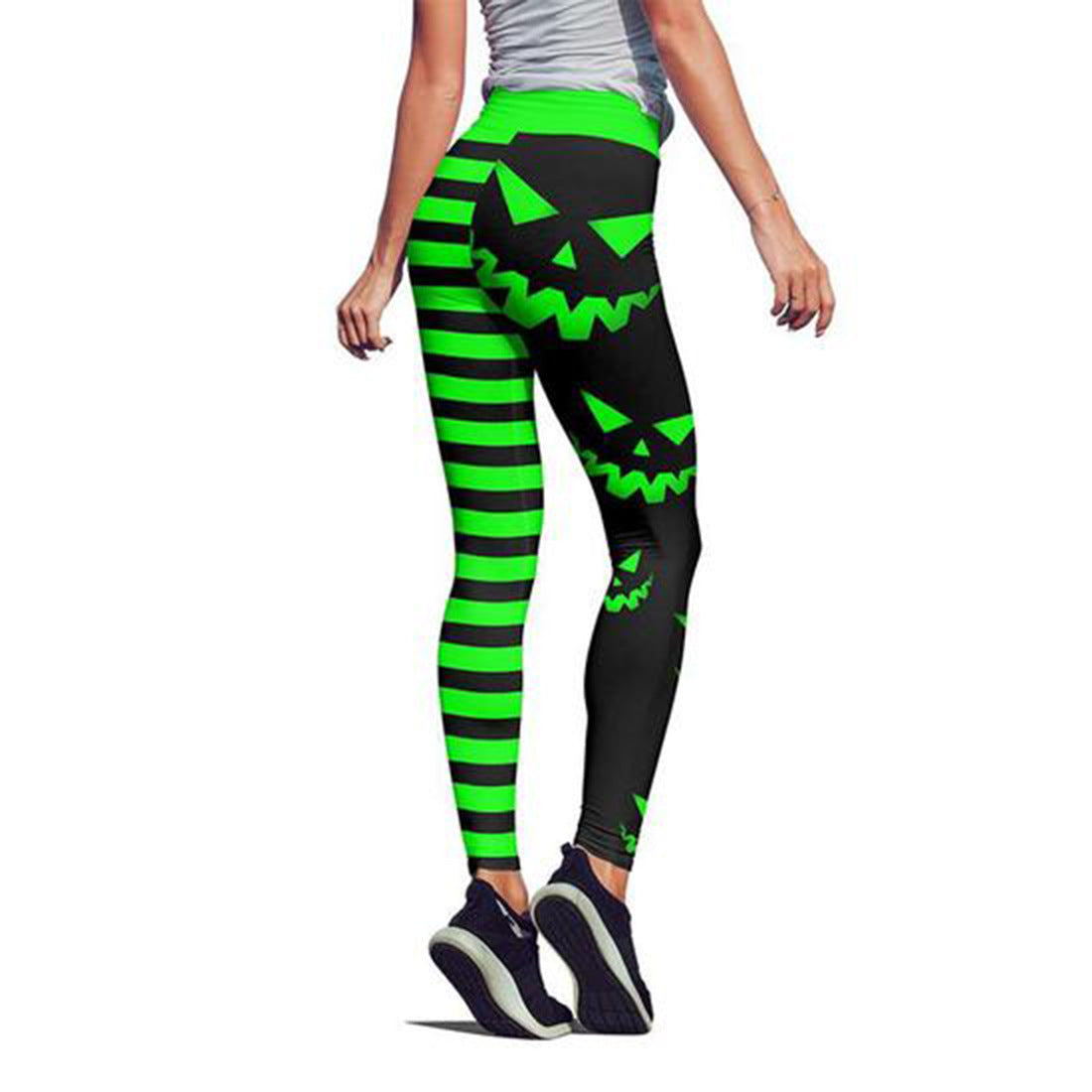 Halloween Pumpkin Face Striped Elastic Waist Leggings