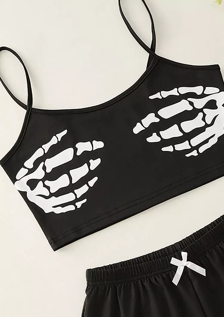 Skeleton Hand Camisole And Shorts Pajamas Set - Black