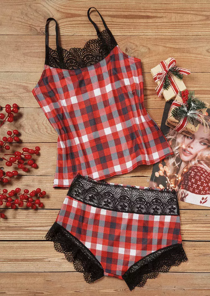 Lace Splicing Plaid Camisole And Shorts Pajamas Set