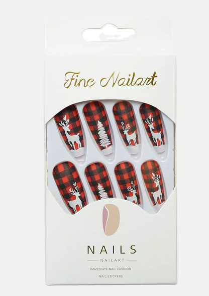 24Pcs Christmas Tree Reindeer Plaid Full Cover Acrylic Nails