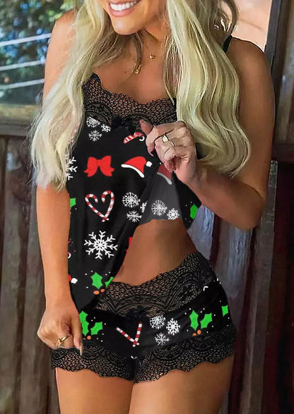 Christmas Hat Snowflake Lace Splicing Camisole And Shorts Pajamas Set