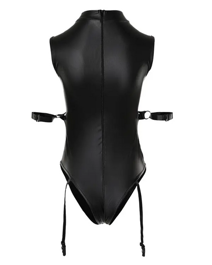 O Neck Cutout Bondage Crotchless PU Leather Teddy