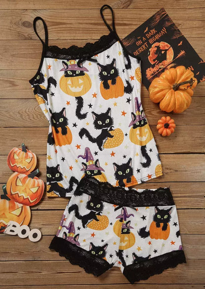 Halloween Pumpkin Face Cat Lace Camisole And Shorts Pajamas Set